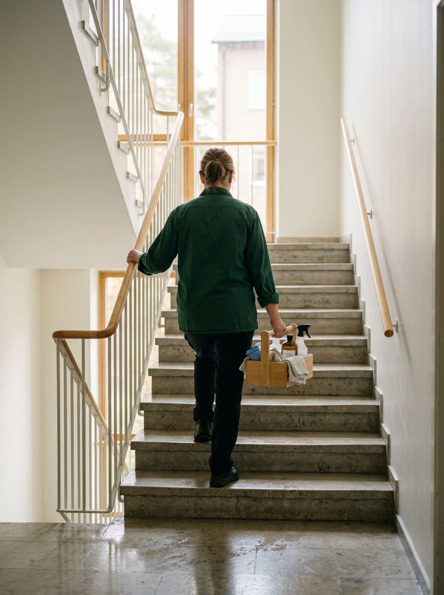 Städare bär städhink uppför ett ljust trapphus